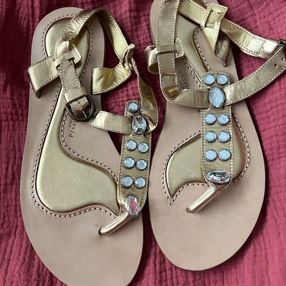 Charles David Gold Sandals with Gem Accents